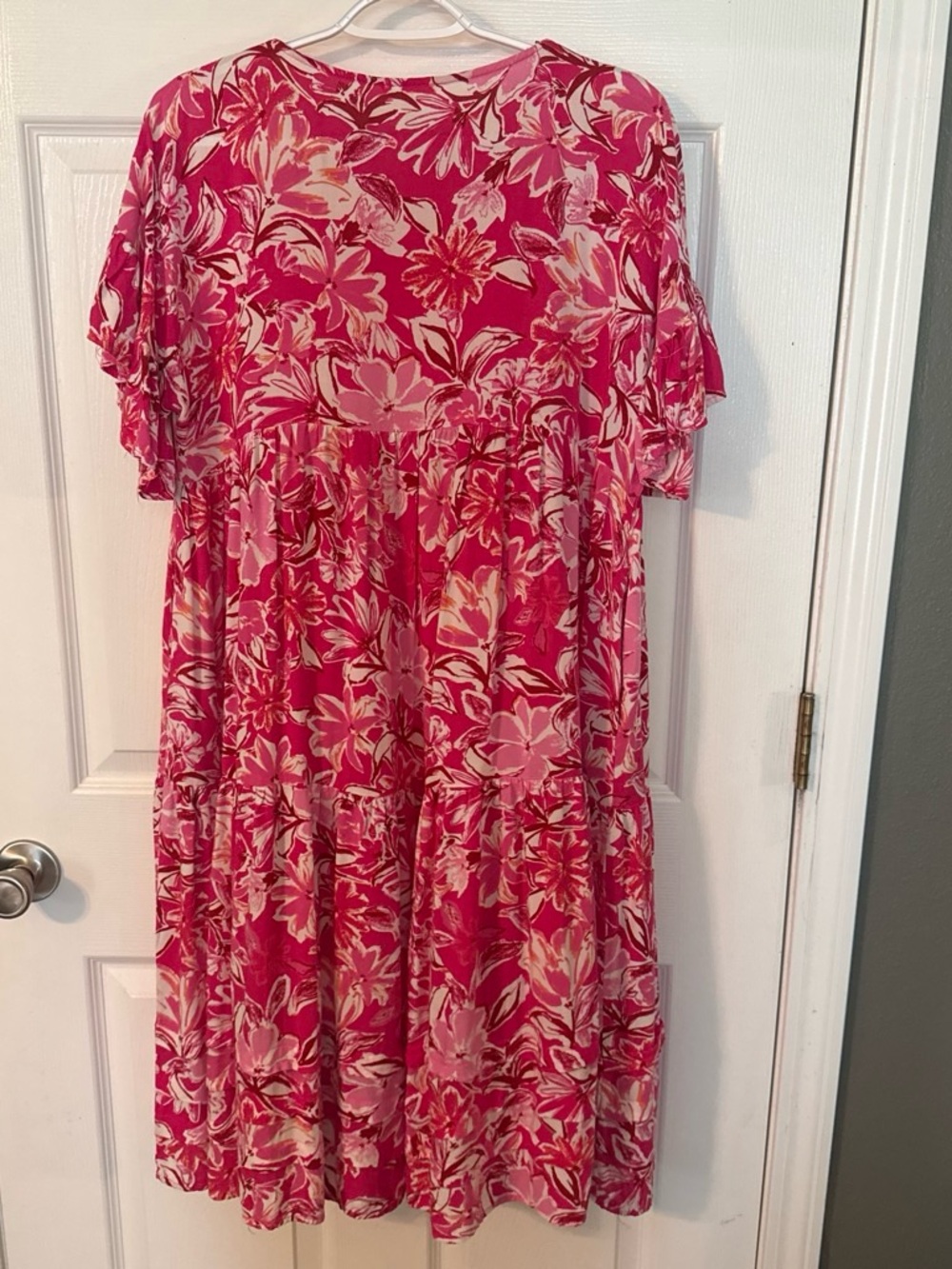 Vibrant Pink Floral Tiered Midi Dress